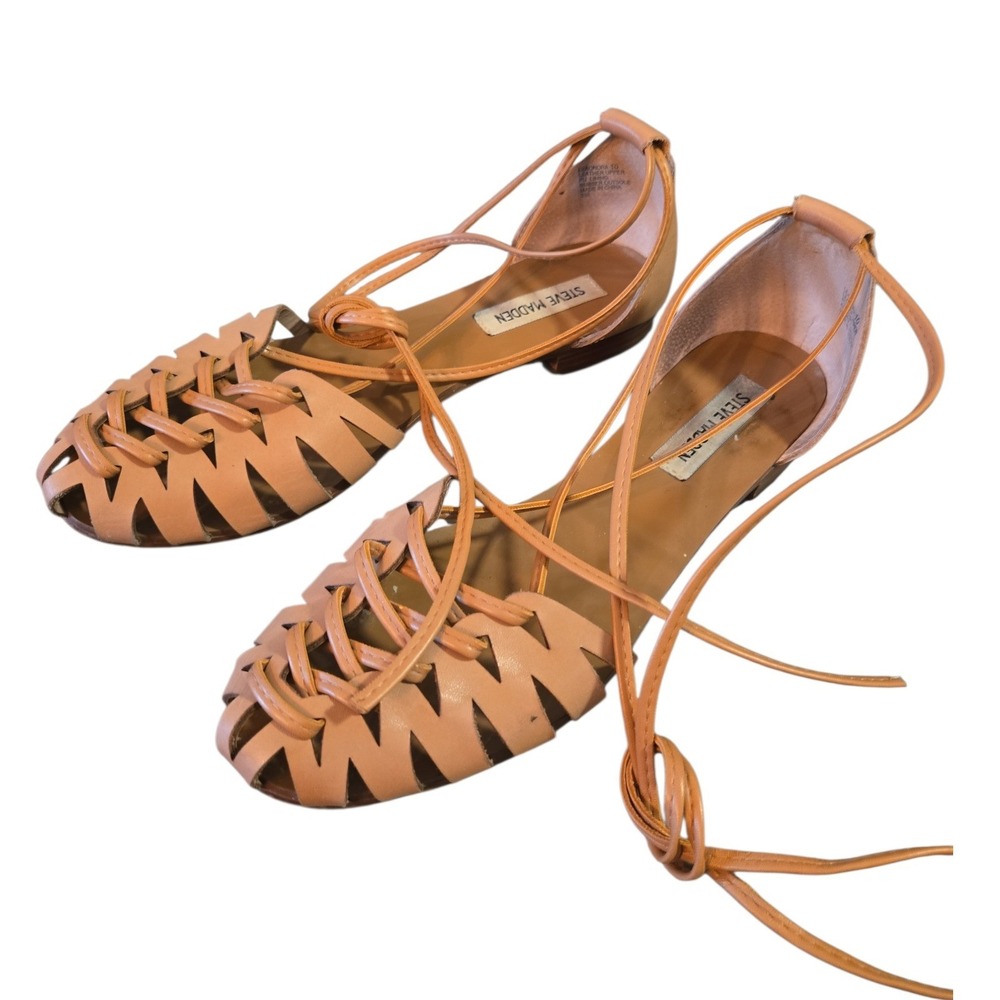 Steve Madden Leather Lace Up Ballet Flats Women's Size 10 Tan  Minimalist Boho